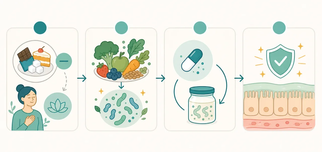 Infográfico mostrando os quatro passos do tratamento da disbiose: tirar o que atrapalha, nutrir a flora boa, repor probióticos e reparar a mucosa, em tons de azul-petróleo, verde-menta e dourado