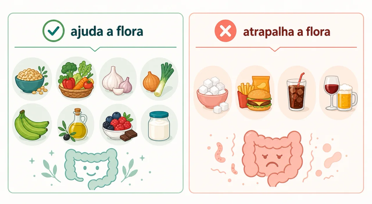 Infográfico comparando alimentos que ajudam a flora intestinal, como fibras, prebióticos e polifenóis, contra os que atrapalham, como açúcar, ultraprocessados e excesso de álcool, em tons de verde-menta e dourado