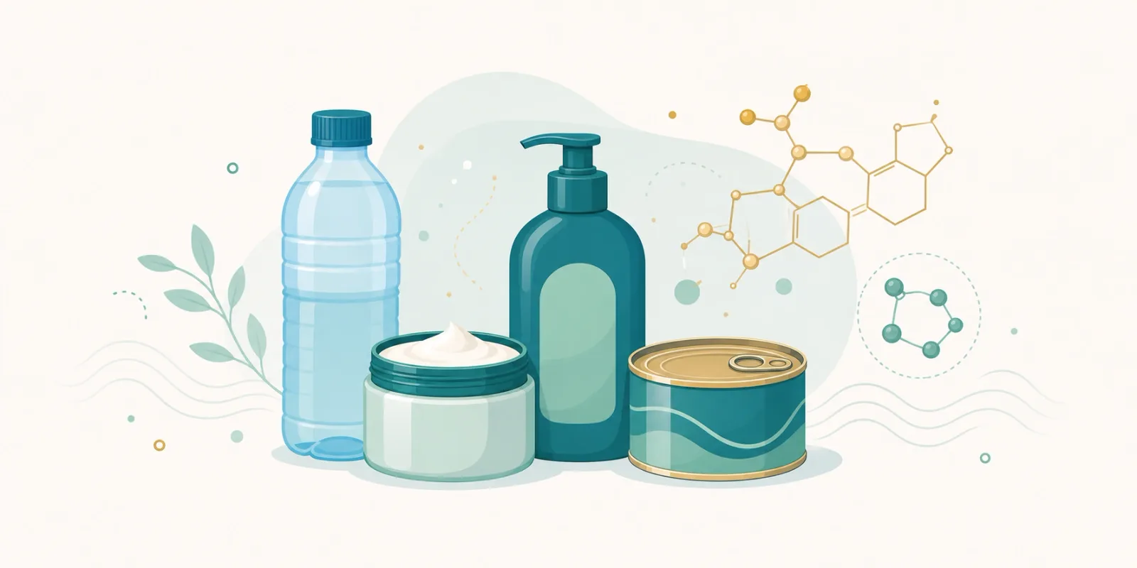 Objetos do dia a dia, como garrafa plástica e cosméticos, com um símbolo hormonal sutil ao lado