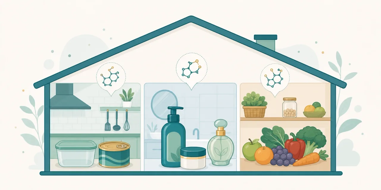 Infográfico mostrando onde os disruptores endócrinos se escondem em cada ambiente da casa, da cozinha ao banheiro