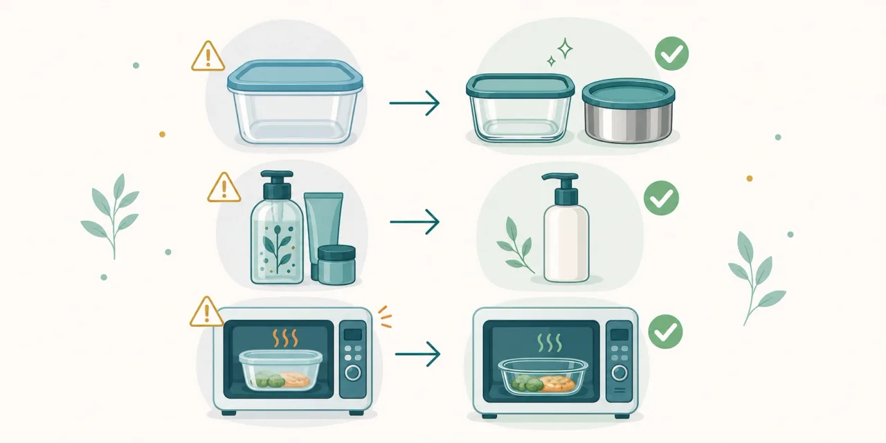 Infográfico com trocas simples para reduzir a exposição: plástico por vidro, cosmético cheio de ingredientes por fórmula simples, comida no micro-ondas em pote de vidro