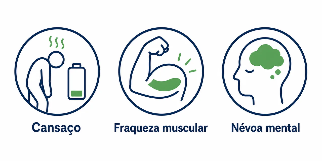 Ícones dos principais sintomas de disfunção mitocondrial: cansaço, fraqueza muscular e névoa mental