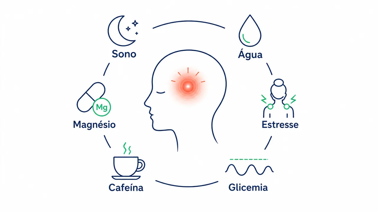 Infográfico com a silhueta de uma cabeça ao centro e ícones dos principais gatilhos de dor de cabeça ao redor: sono, água, estresse, glicemia, cafeína e magnésio