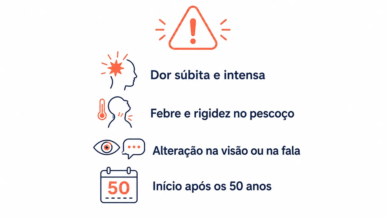 Infográfico de sinais de alerta da dor de cabeça em cores de atenção, listando dor súbita e intensa, febre com rigidez no pescoço, alteração na visão ou na fala e início após os 50 anos