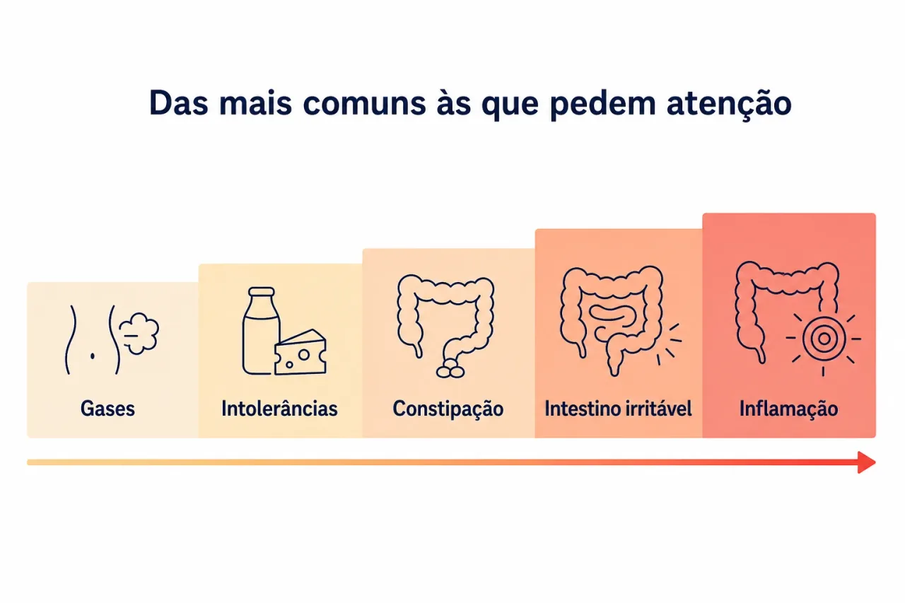 Lista visual das causas comuns de dor no intestino, das mais leves às que pedem investigação