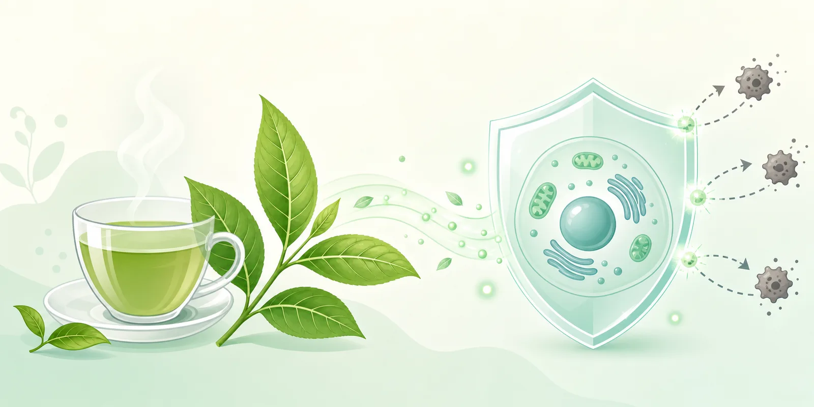Ilustração de uma xícara e folha de chá verde ao lado de uma célula protegida por um escudo antioxidante, representando a EGCG