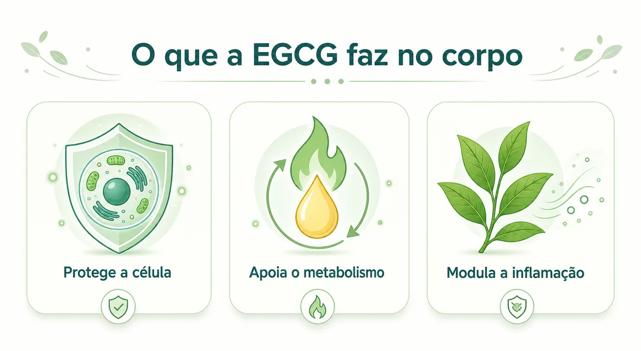 Infográfico explicando o que a EGCG faz no corpo: ação antioxidante que protege a célula e apoio ao metabolismo de gordura