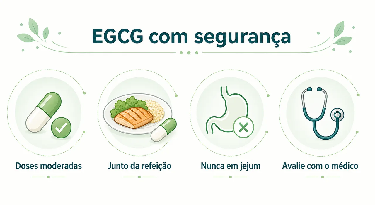 Ilustração com orientações de uso seguro da EGCG: preferir doses moderadas, tomar com a refeição e evitar o uso em jejum