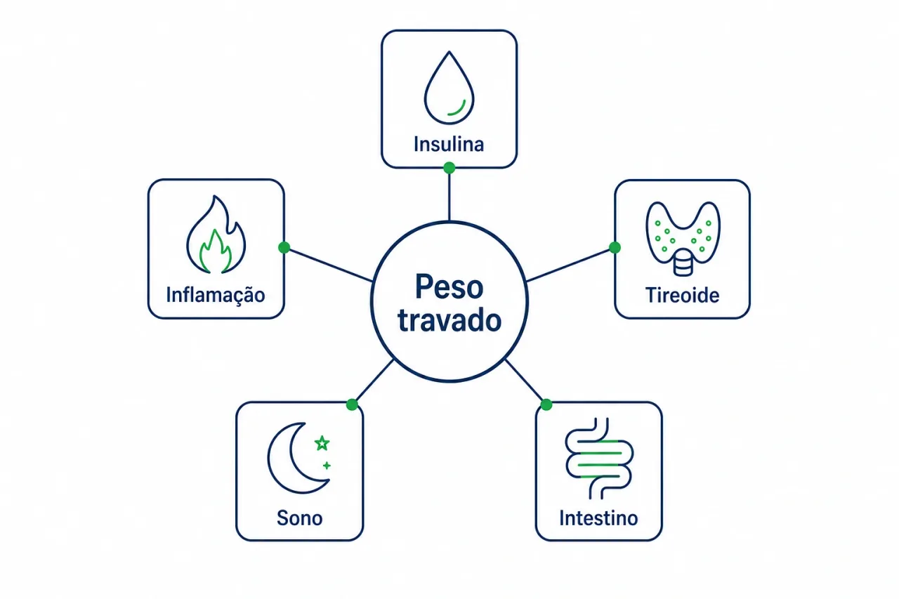 Infográfico com as principais causas ocultas que travam o emagrecimento: insulina, inflamação, tireoide, sono e intestino