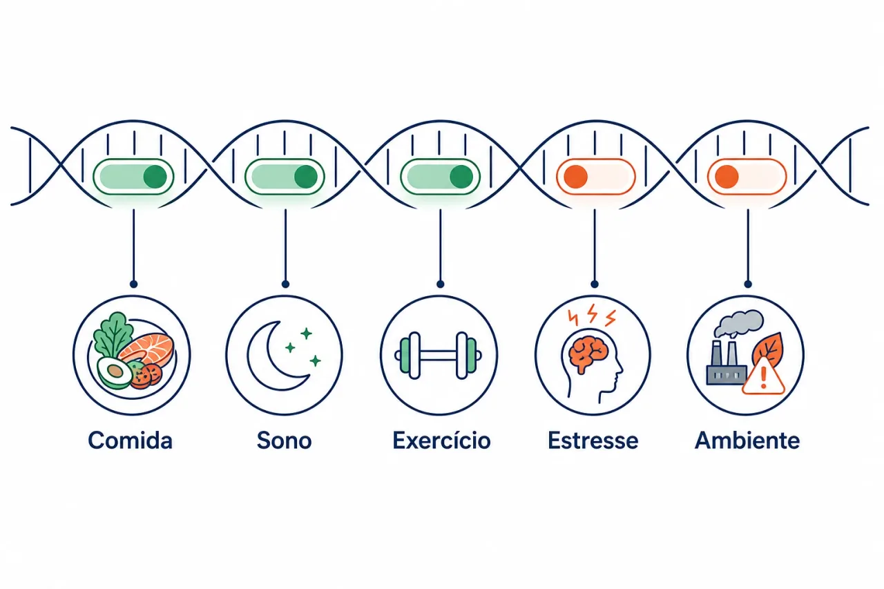 Ilustração de uma fita de DNA com cinco interruptores, cada um acionado por um ícone de hábito: prato de comida, lua do sono, halter de exercício, cérebro do estresse e folha do ambiente
