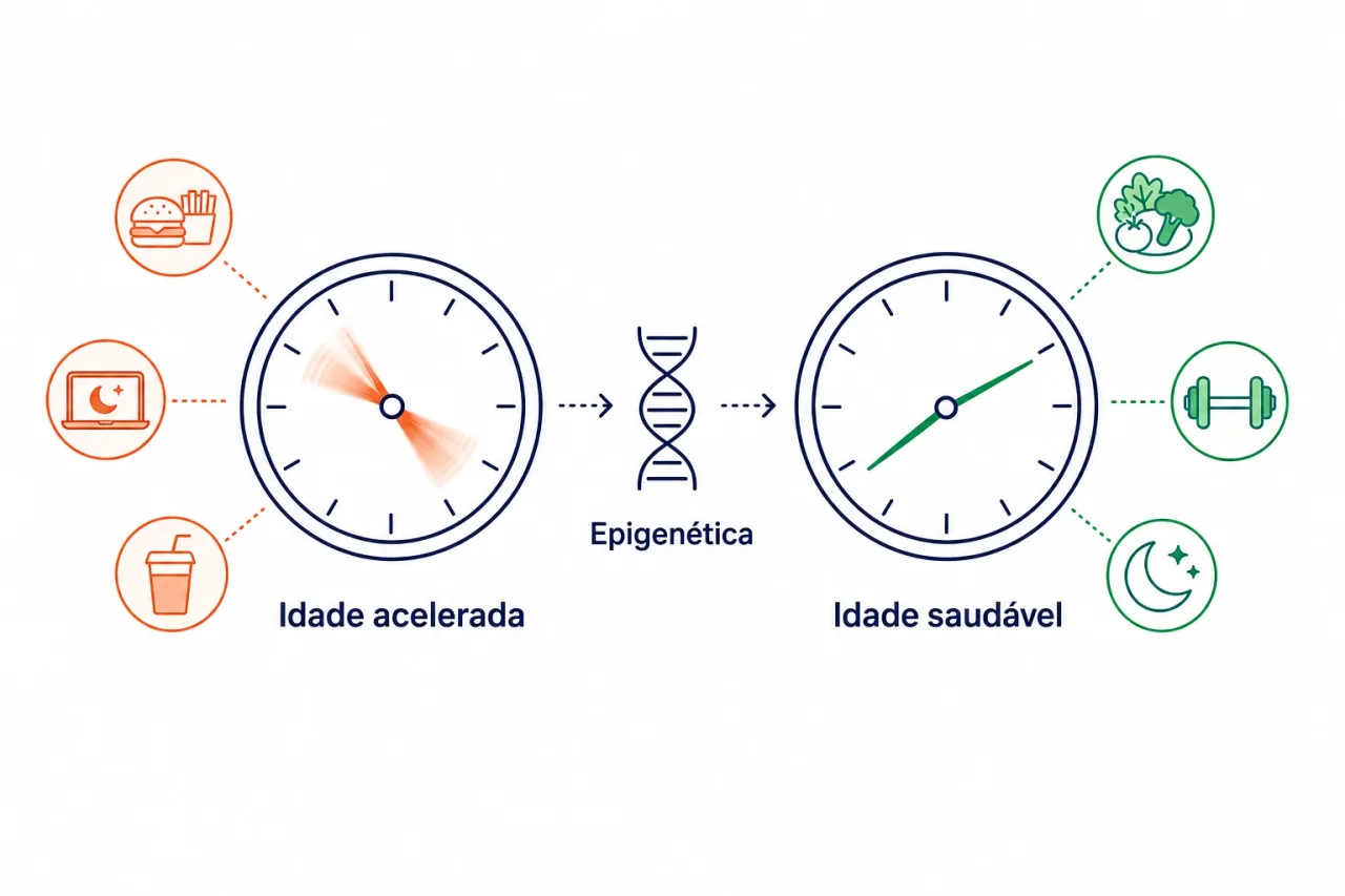 Ilustração comparando dois relógios de idade biológica, um acelerado em tom de alerta e outro mais lento em verde, com hábitos saudáveis ao redor do relógio verde