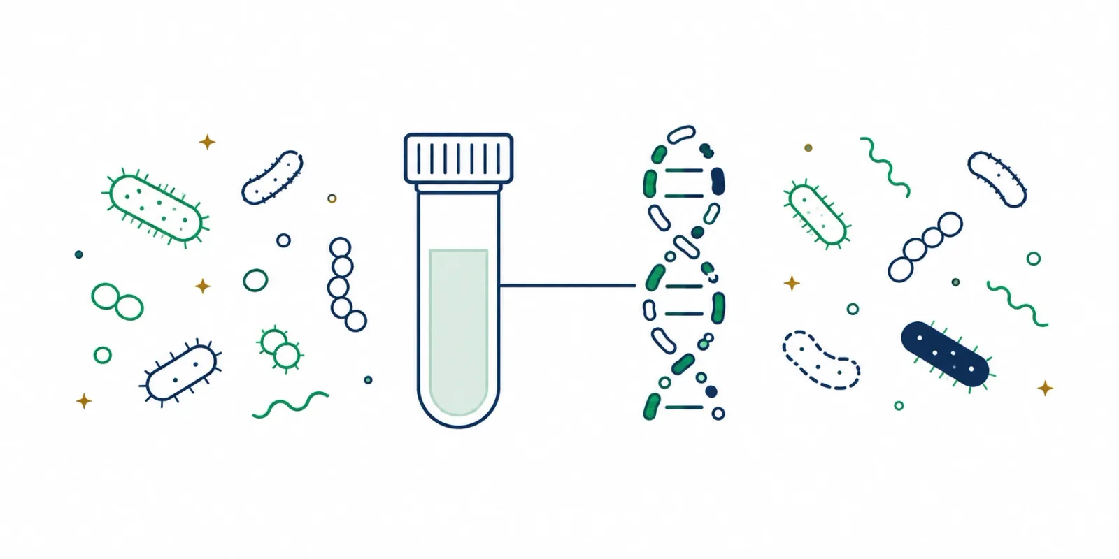 Ilustração de um frasco de coleta de fezes ligado à leitura do DNA de bactérias do intestino, em tons de azul-petróleo e verde