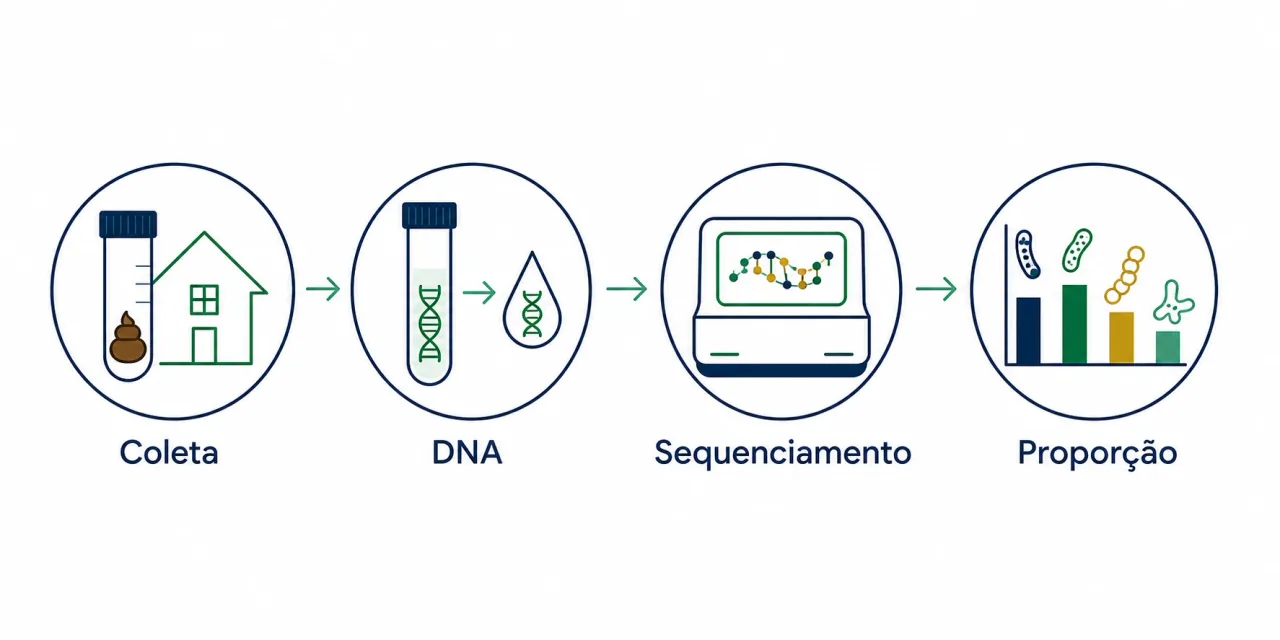Infográfico em quatro etapas do exame da microbiota: coleta da amostra em casa, extração do DNA, sequenciamento e leitura da proporção das bactérias, em tons de azul-petróleo e verde