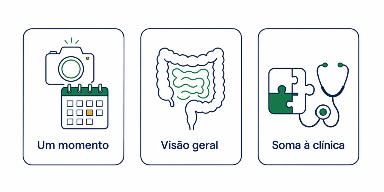 Infográfico com três limites do exame da microbiota: foto de um momento, retrato geral e não diagnóstico isolado, em tons de azul-petróleo e verde