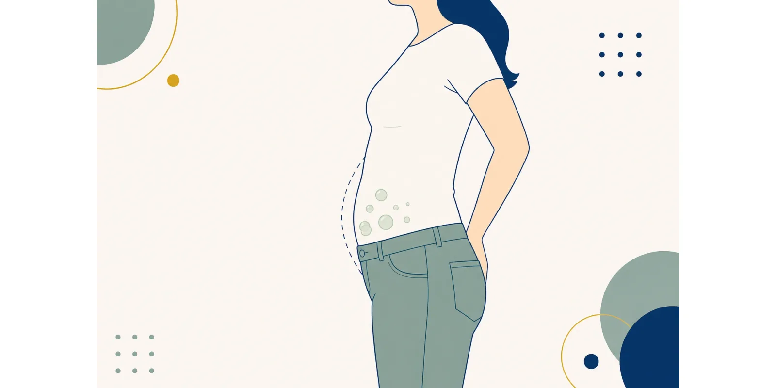 Ilustração de uma silhueta com o abdômen levemente distendido e contorno mostrando a barriga inchada ao longo do dia