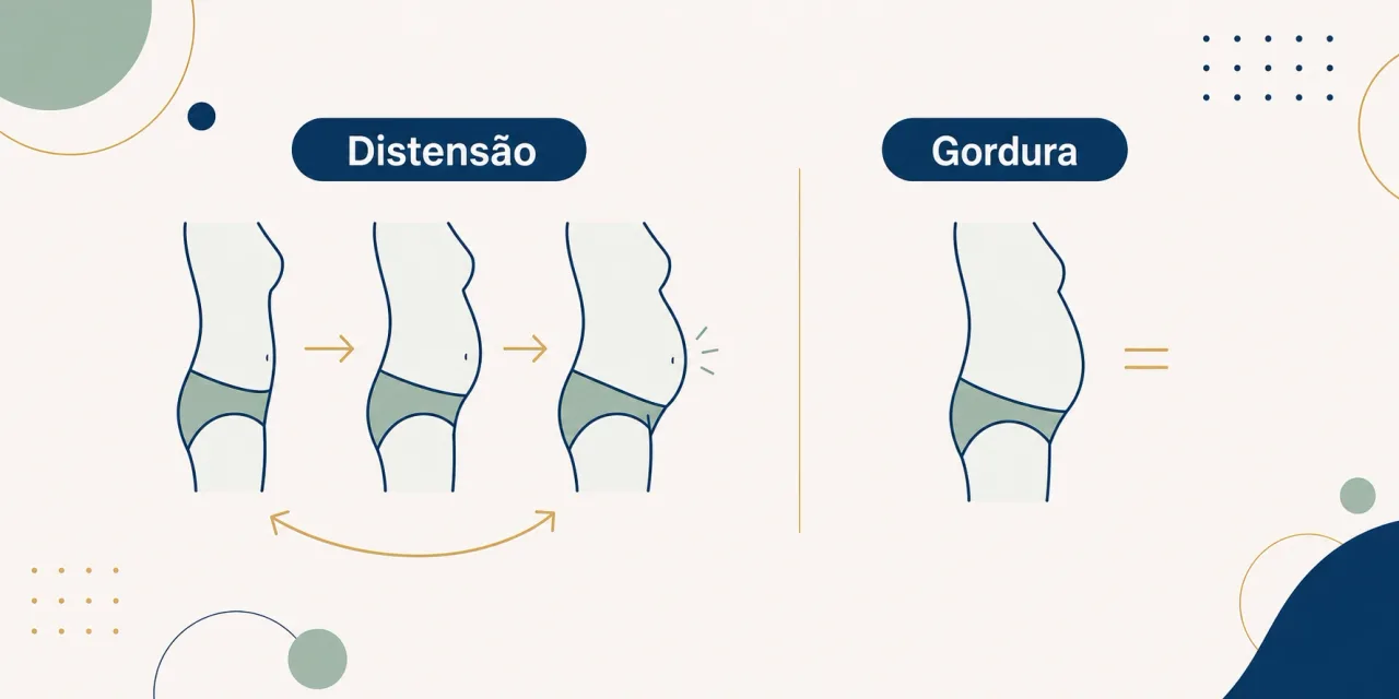 Infográfico comparando distensão e gordura abdominal: distensão vai e volta ao longo do dia e melhora ao evacuar, gordura é firme e constante
