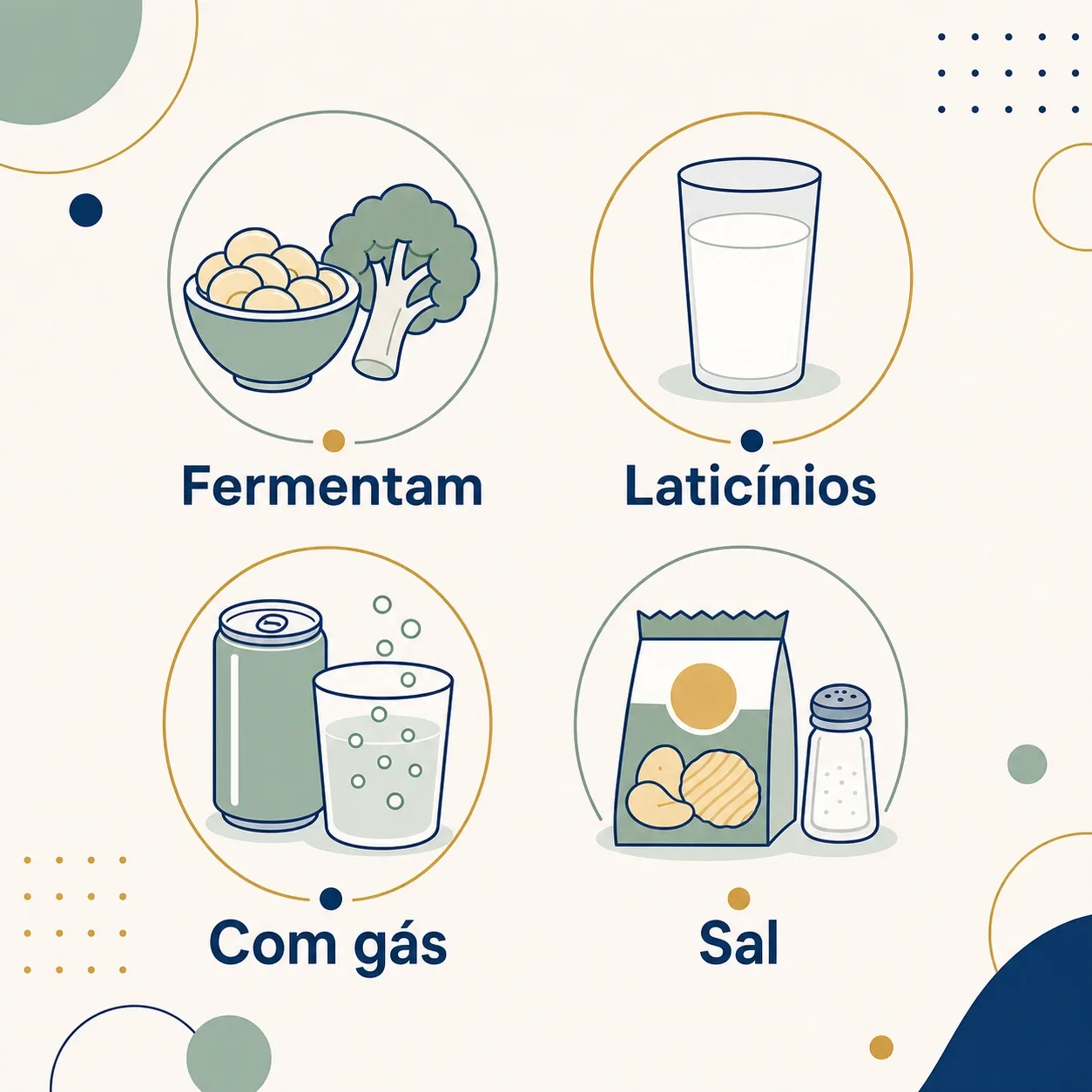 Infográfico com grupos de alimentos que incham a barriga: leguminosas e crucíferas que fermentam, laticínios na intolerância, bebidas com gás e ultraprocessados com sal