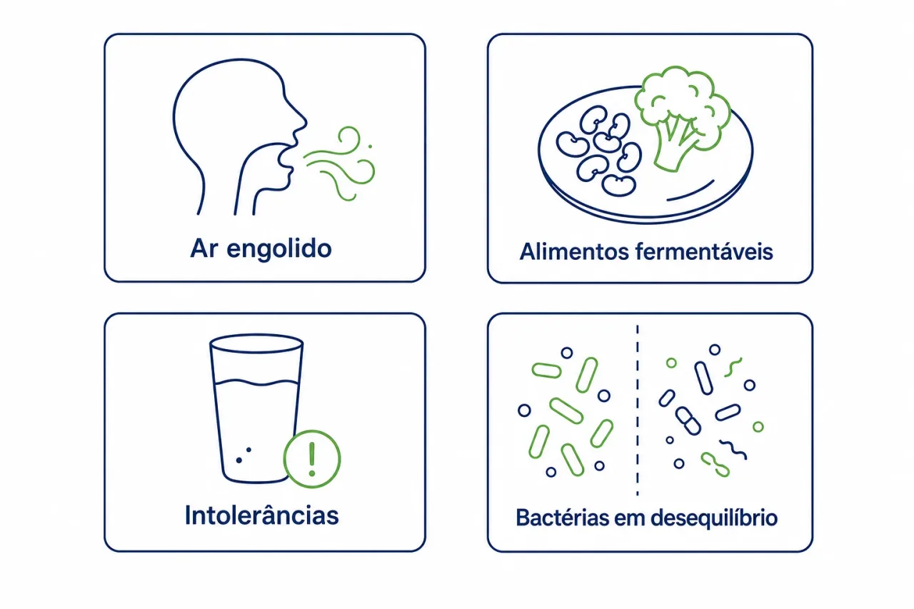 Infográfico com as quatro causas mais comuns do excesso de gases no dia a dia: ar engolido, alimentos que fermentam, intolerâncias e desequilíbrio das bactérias