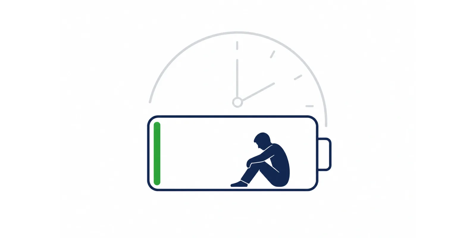 Ilustração de uma bateria quase descarregada representando a fadiga crônica que não passa com descanso