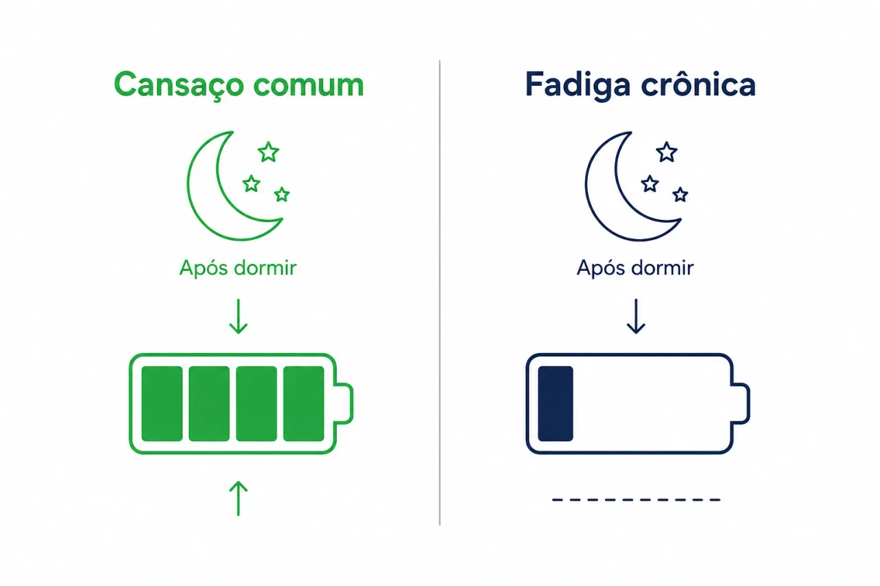 Comparação visual entre cansaço comum, que melhora com descanso, e fadiga crônica, que permanece mesmo após dormir bem