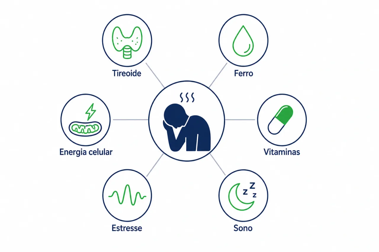 Infográfico com as principais causas da fadiga crônica que merecem investigação: tireoide, ferro, vitaminas, sono, estresse e energia celular