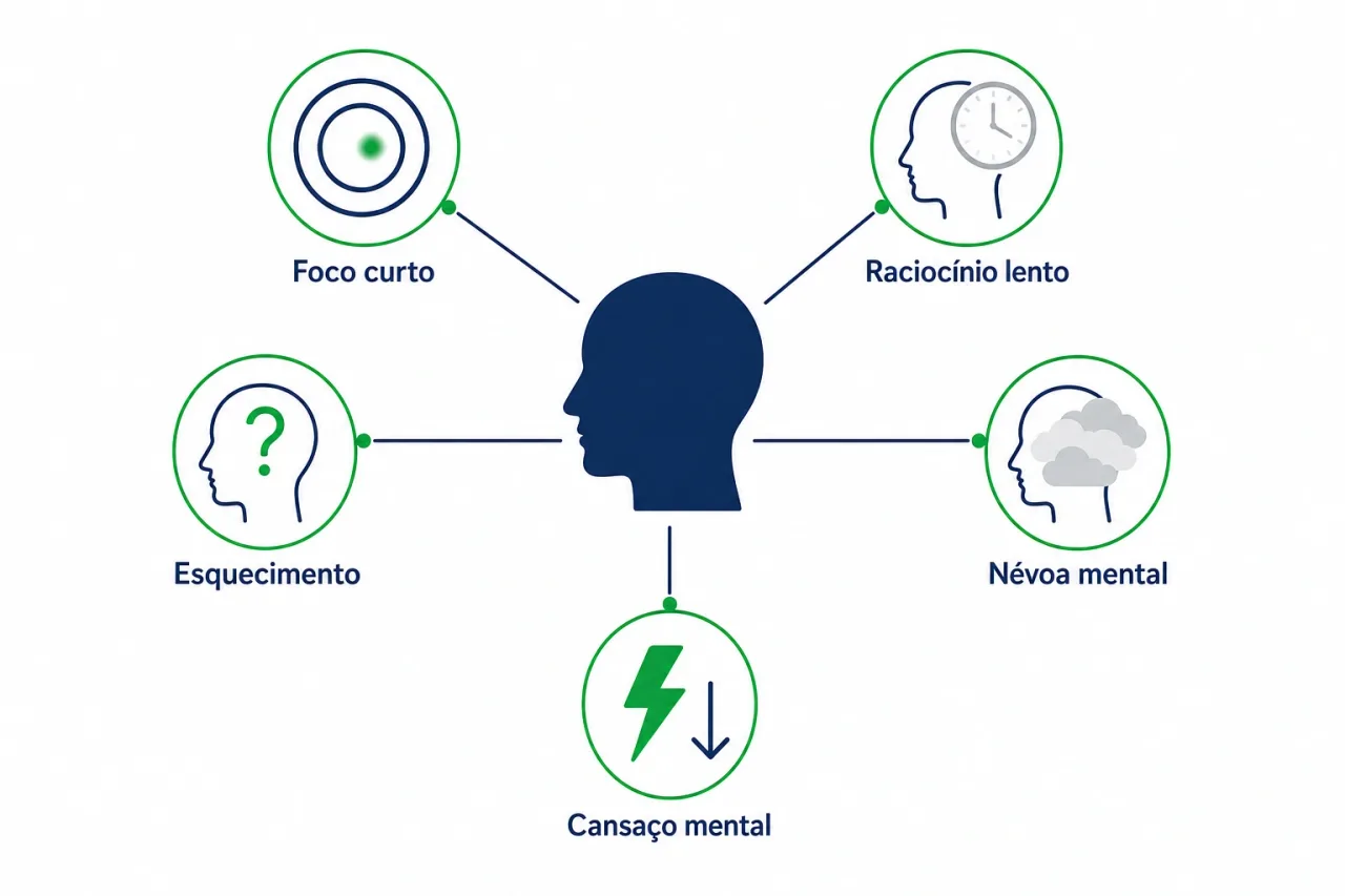 Infografico com os principais sinais da fadiga mental, como falta de foco, memoria curta, raciocinio lento e nevoa mental