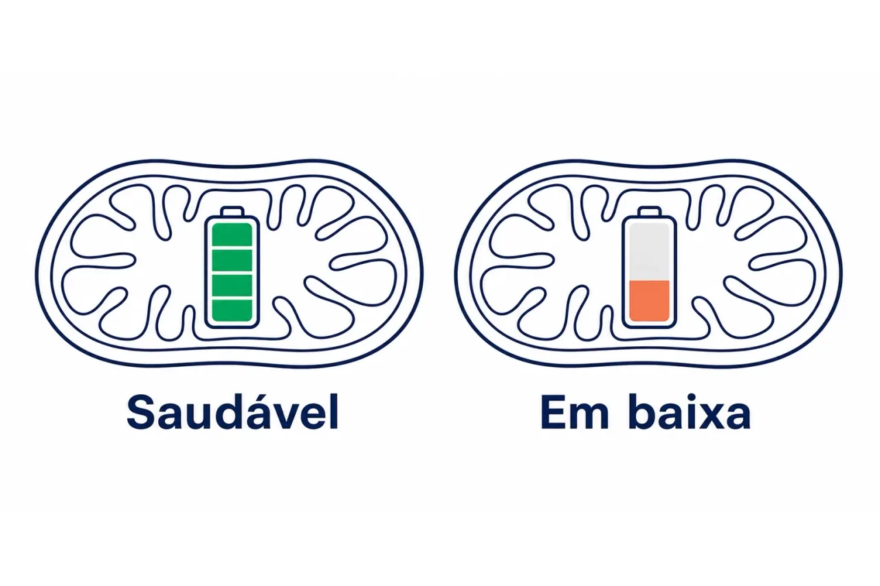 Comparação ilustrada entre uma mitocôndria saudável com bateria cheia e uma mitocôndria em baixa produção com bateria fraca, mostrando por que falta energia mesmo após o descanso