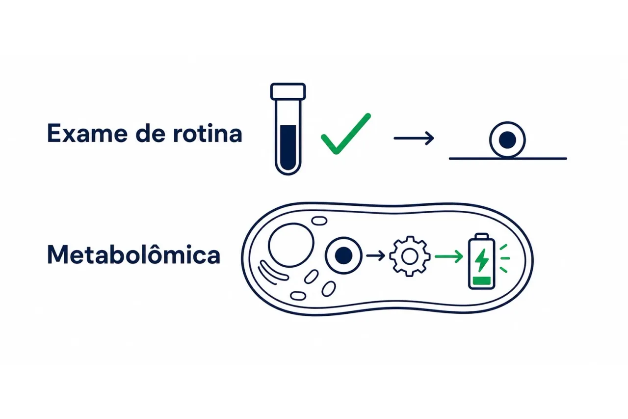 Infográfico mostrando que o exame de sangue de rotina detecta o nutriente presente, enquanto a metabolômica mostra como o corpo realmente usa esse nutriente para produzir energia