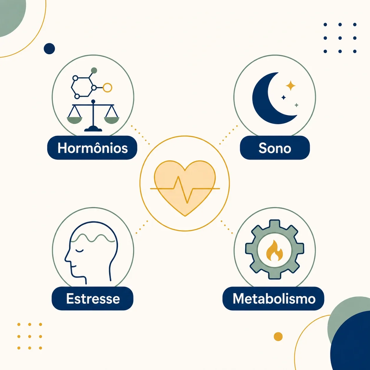 Infográfico com os principais fatores que influenciam o desejo sexual: hormônios, sono, estresse e metabolismo