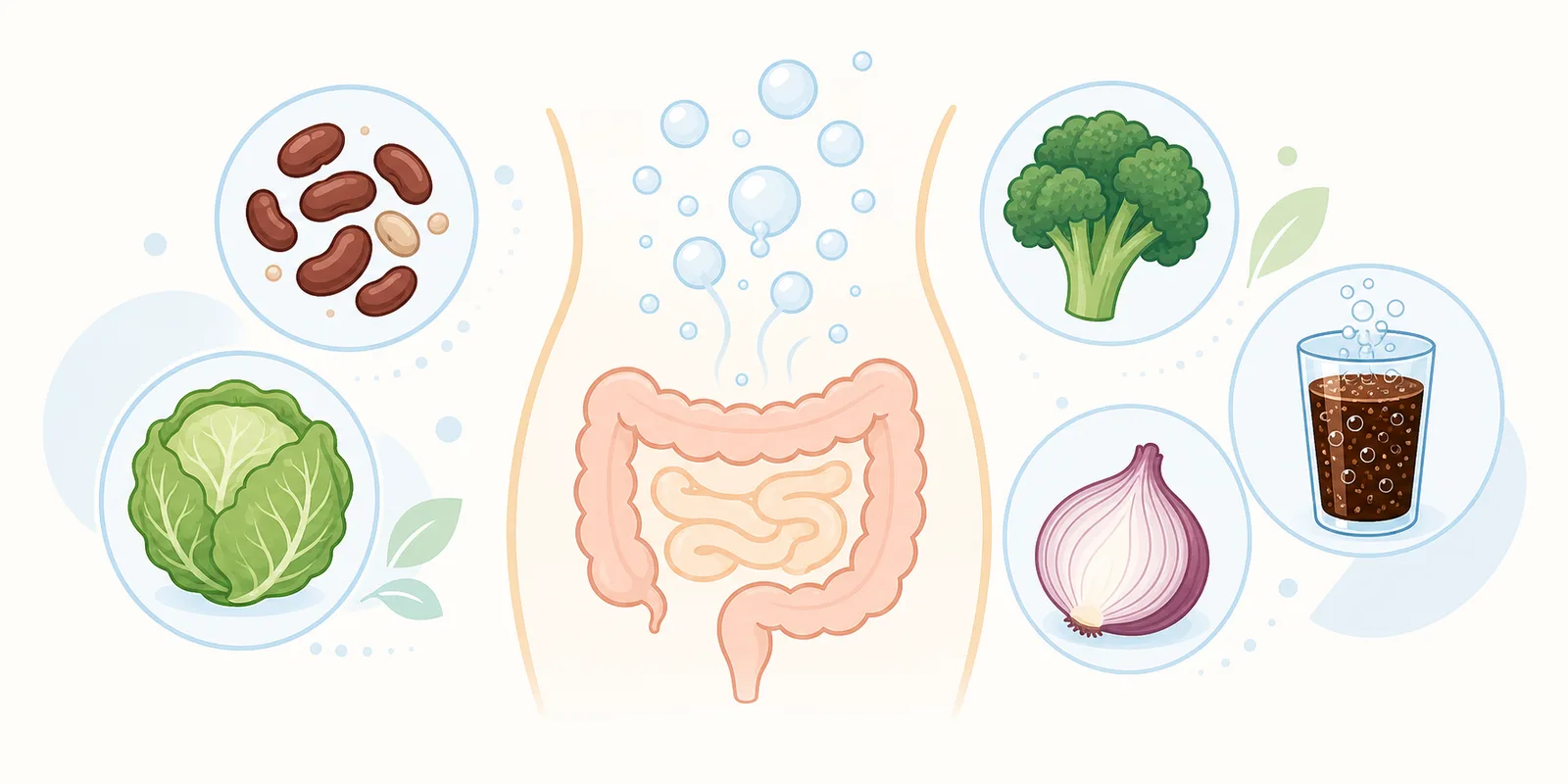 Ilustração de um abdômen esquemático com bolhas de gás e alimentos que fermentam ao redor