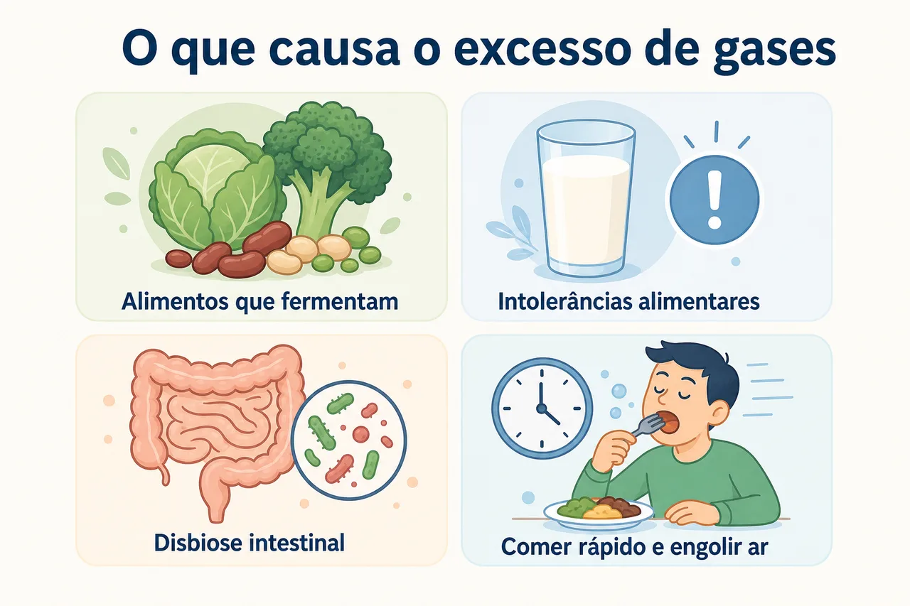 Infográfico explicando o que causa o excesso de gases: alimentos que fermentam, intolerâncias alimentares, disbiose intestinal e ar engolido ao comer rápido