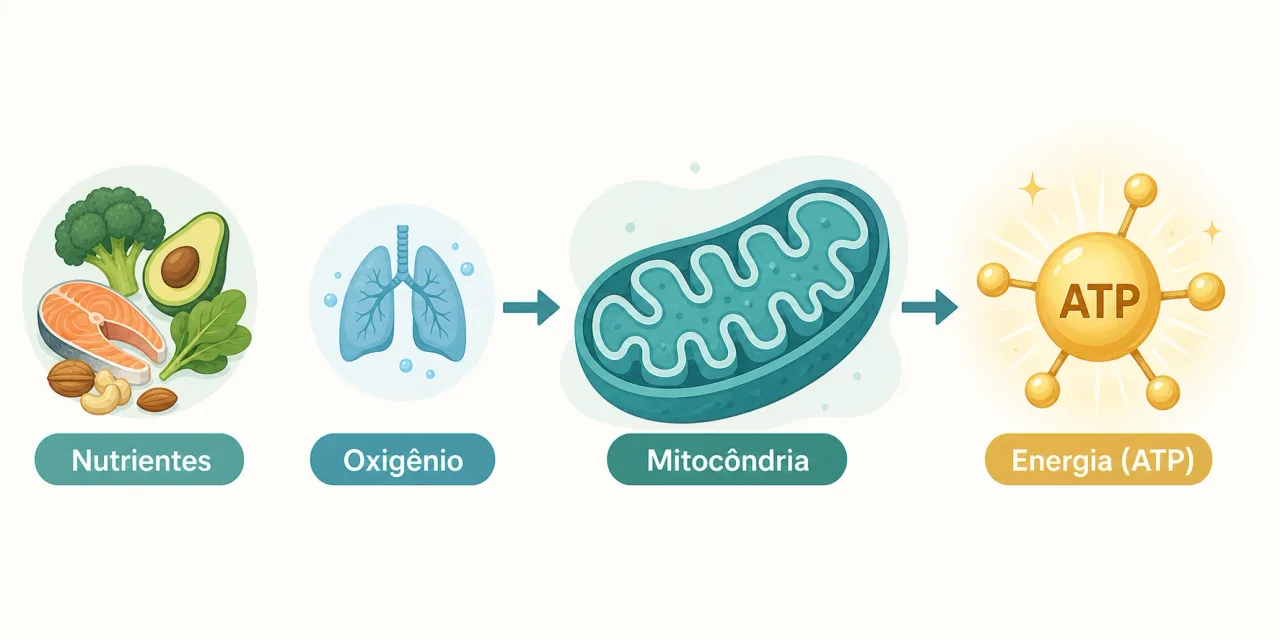 Ilustração mostrando a mitocôndria transformando nutrientes e oxigênio em energia (ATP) para a célula