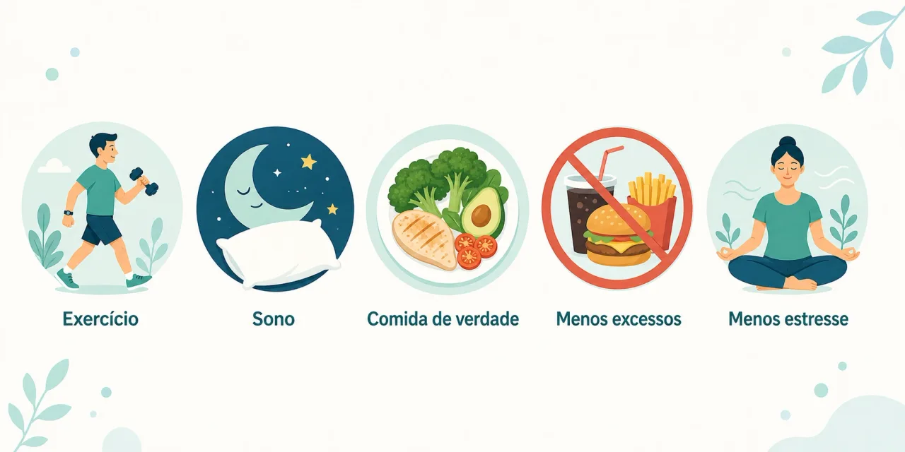 Ilustração com hábitos que melhoram a função mitocondrial: exercício, sono, alimentação, menos excessos e controle do estresse
