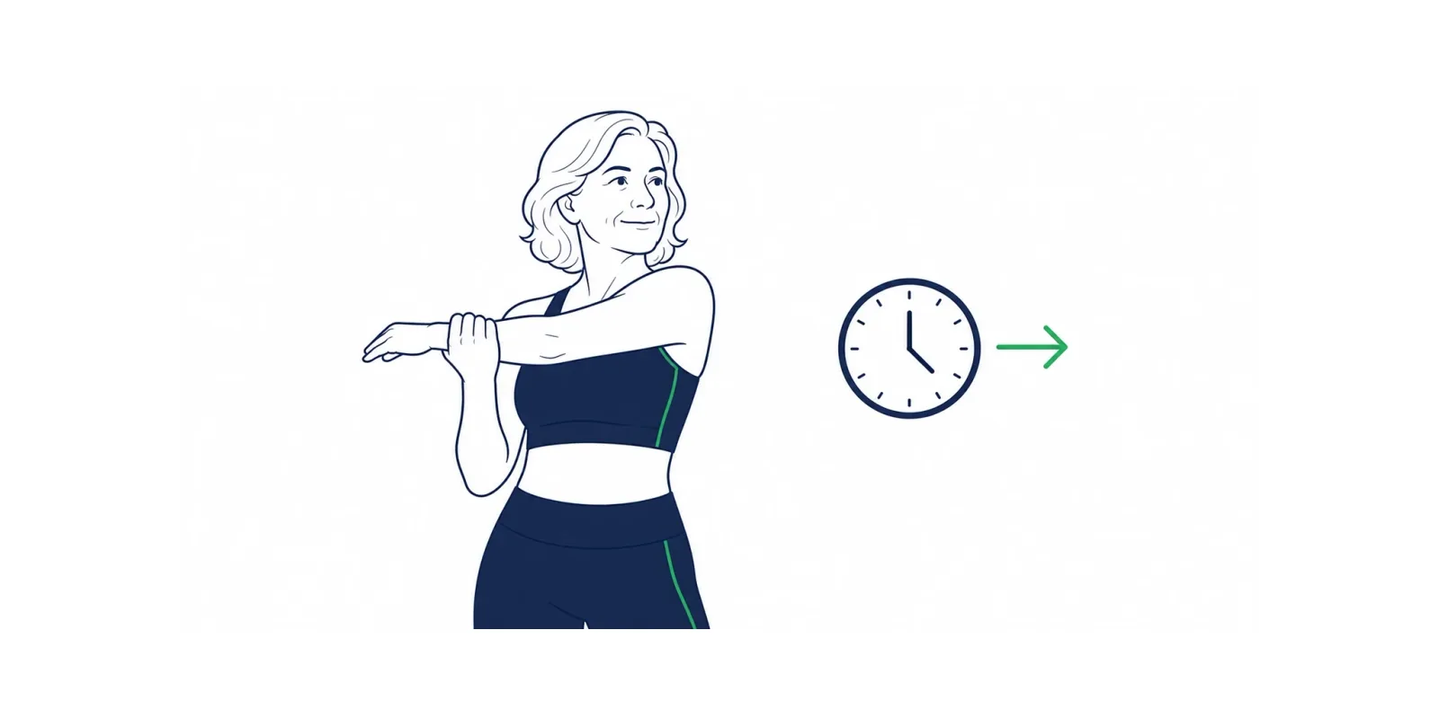 Ilustração de mulher madura ativa ao lado de um relógio e de uma seta para cima, remetendo a agir cedo na menopausa