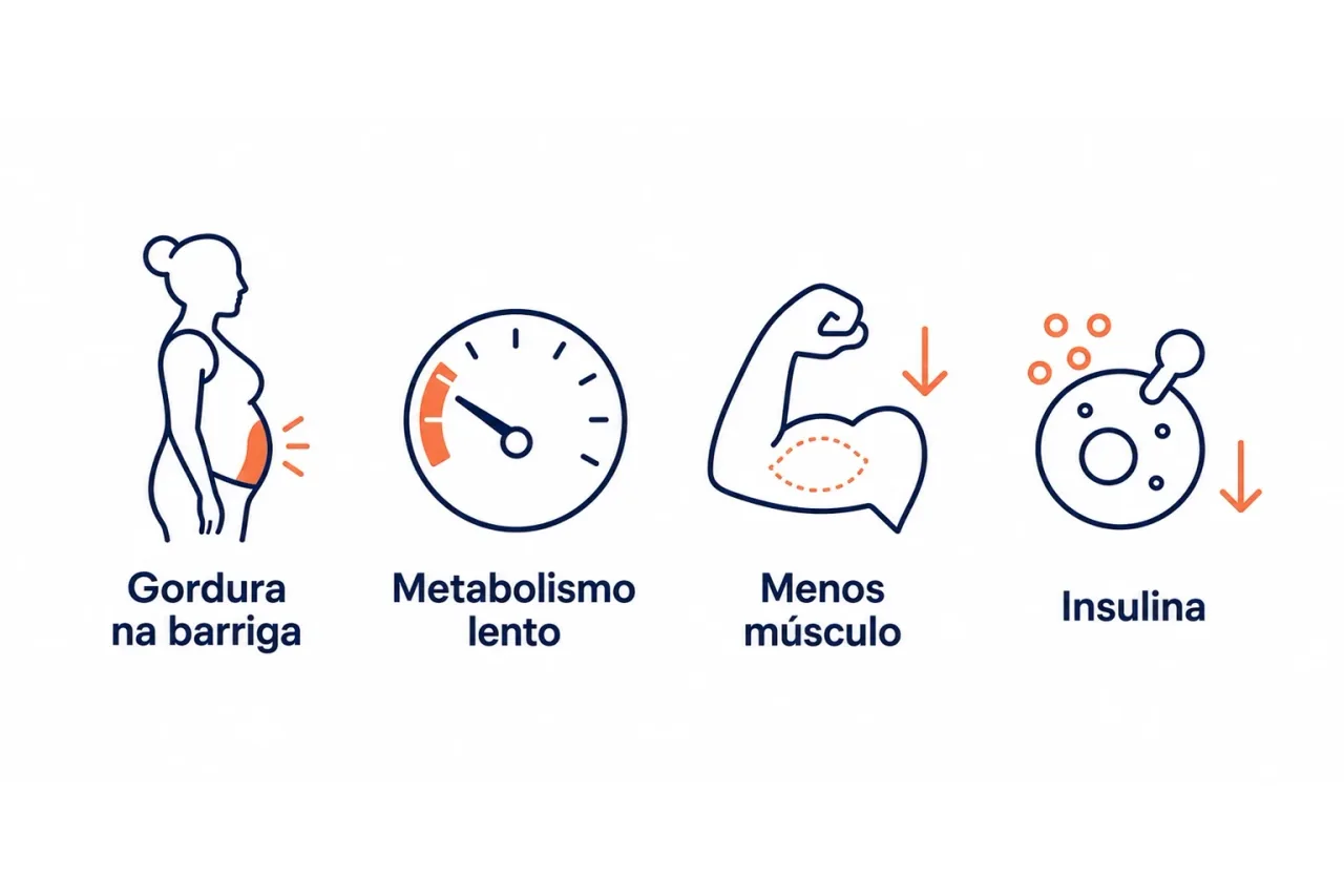 Infográfico mostrando as quatro mudanças do corpo na menopausa: gordura indo para a barriga, metabolismo mais lento, perda de músculo e insulina menos eficiente