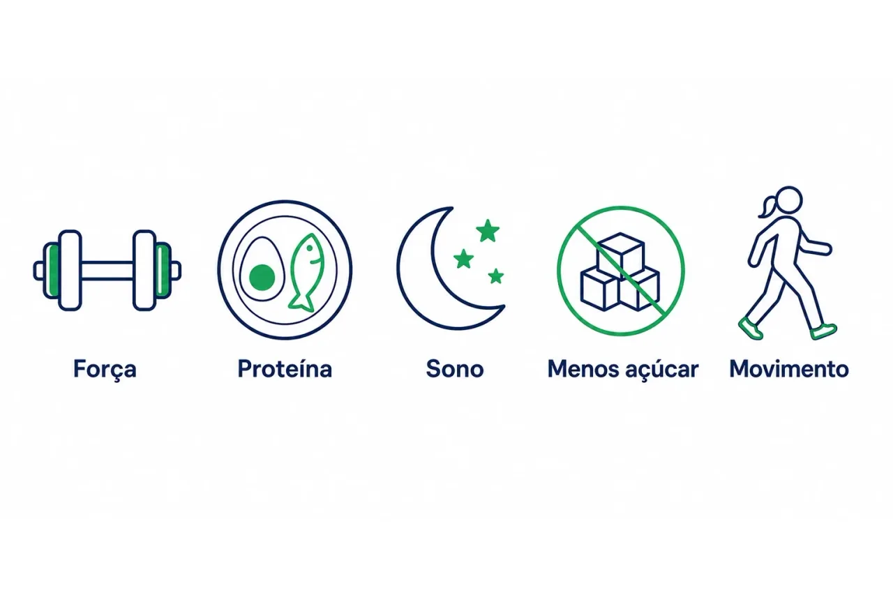 Infográfico com os hábitos para prevenir o ganho de peso na menopausa: treino de força, proteína, sono, menos açúcar e movimento no dia