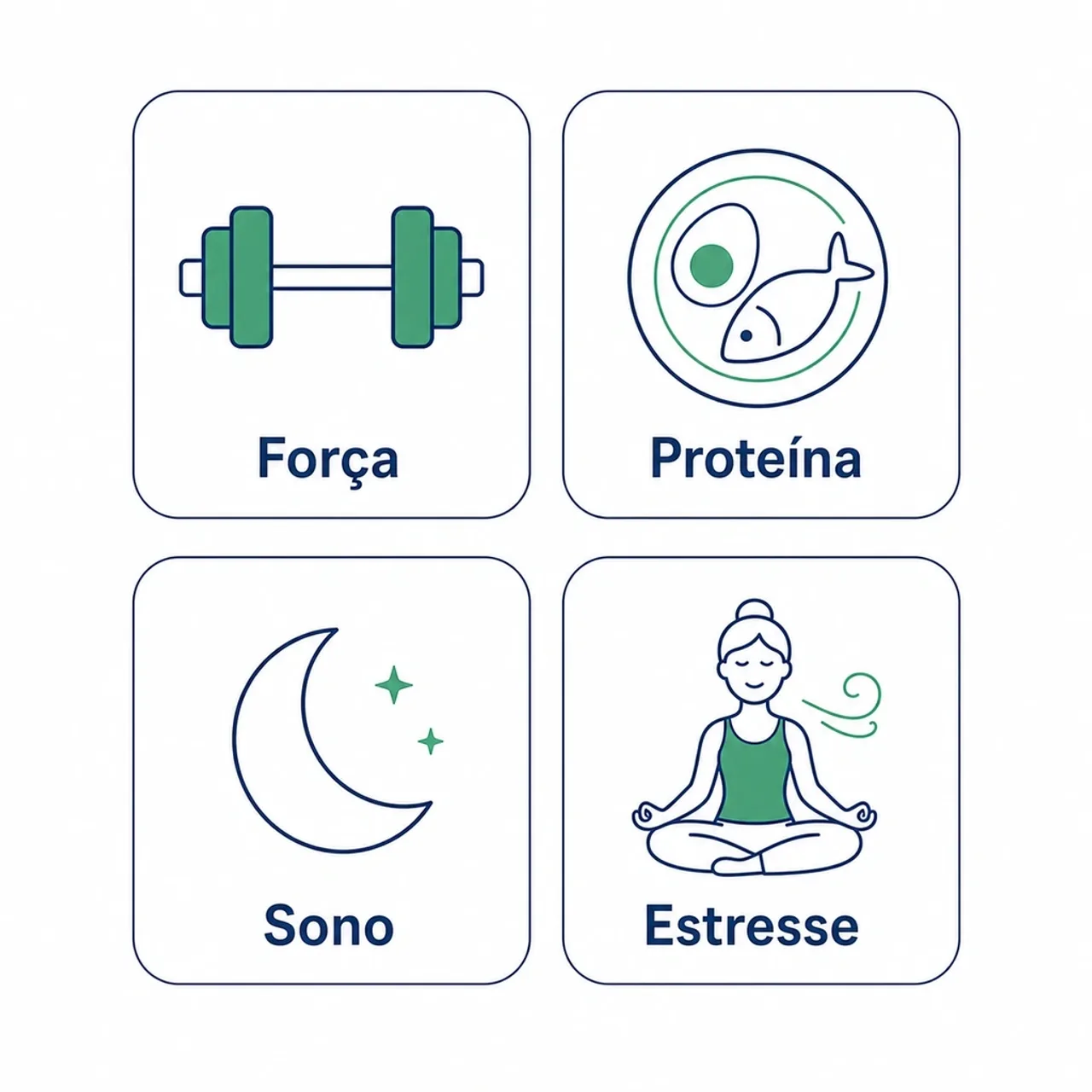 Ilustração mostrando os quatro pilares contra o ganho de peso na menopausa: força, proteína, sono e equilíbrio do estresse