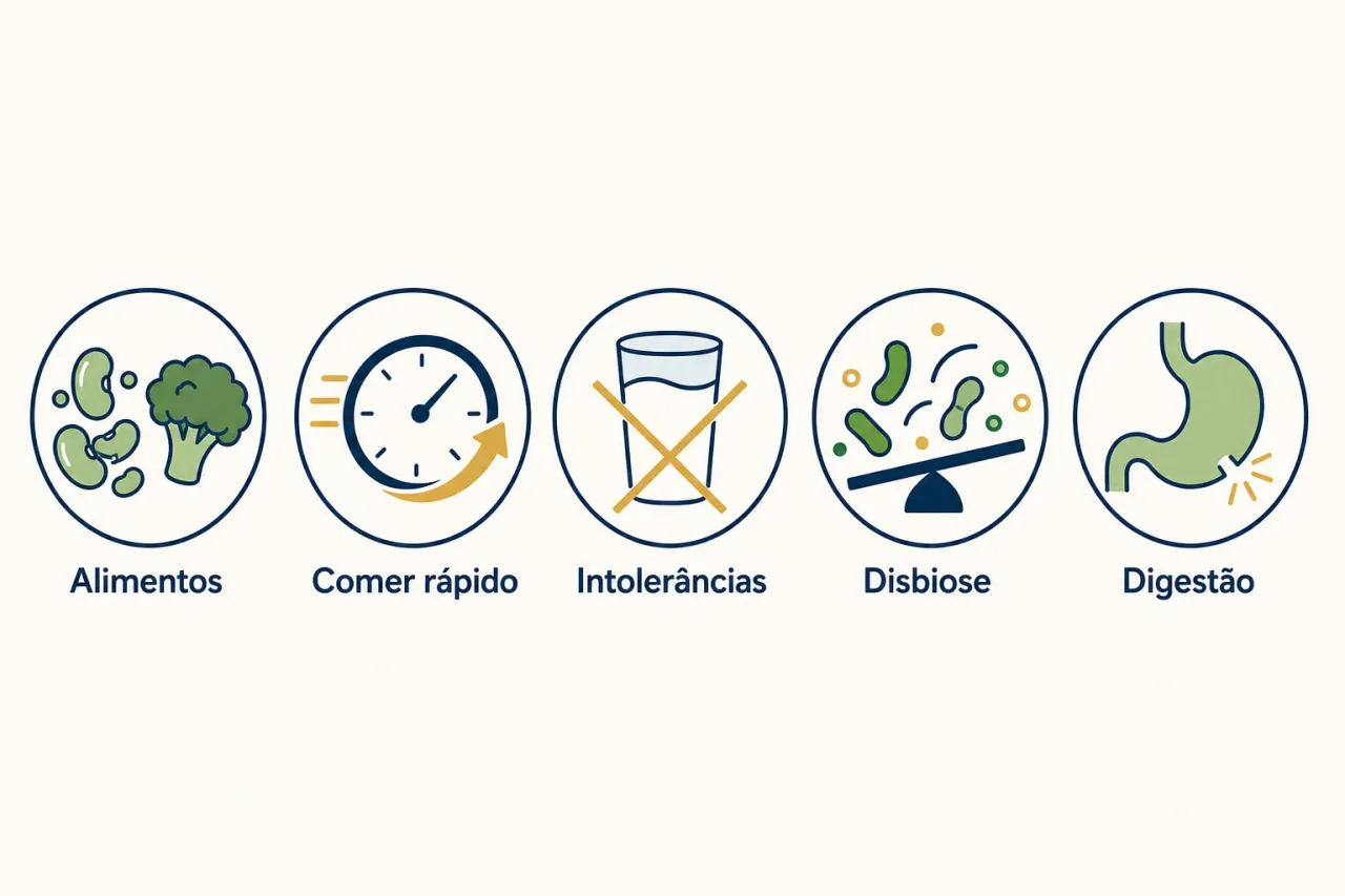 Infográfico com as cinco causas mais comuns do excesso de gases: alimentos fermentáveis, comer rápido, intolerâncias, disbiose e digestão incompleta