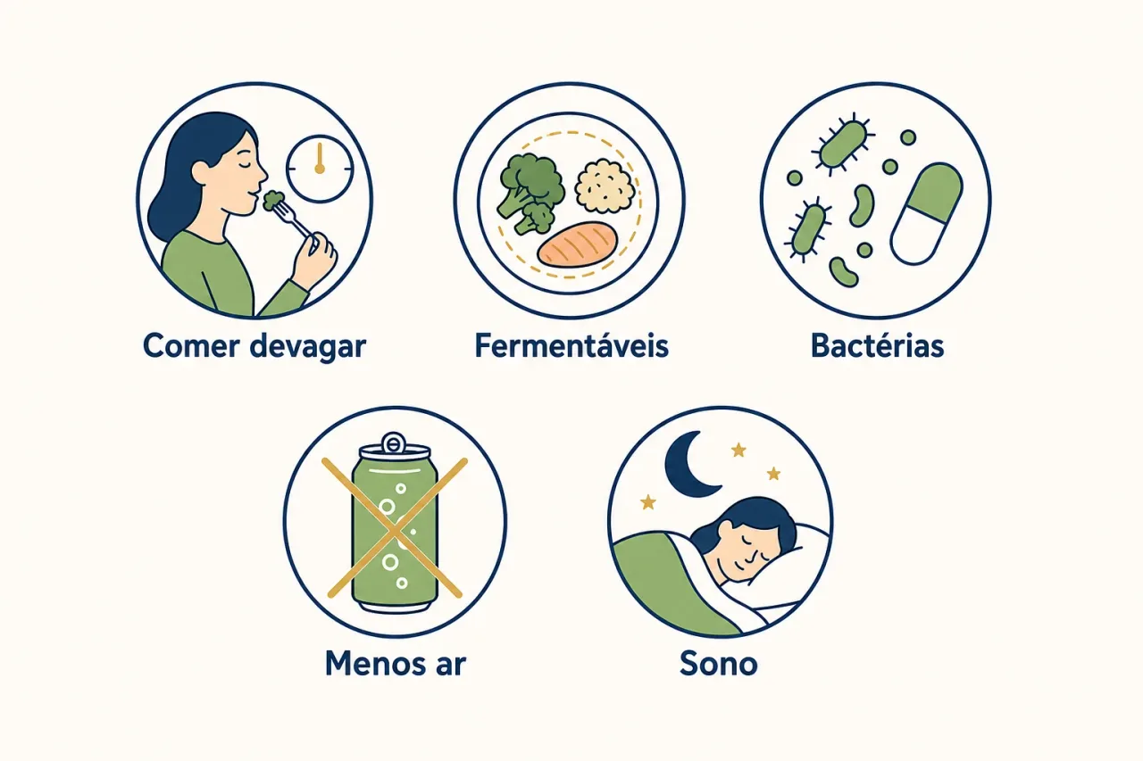Infográfico com hábitos que equilibram a digestão e reduzem gases: comer devagar, ajustar fermentáveis, cuidar das bactérias, reduzir ar engolido e cuidar do sono