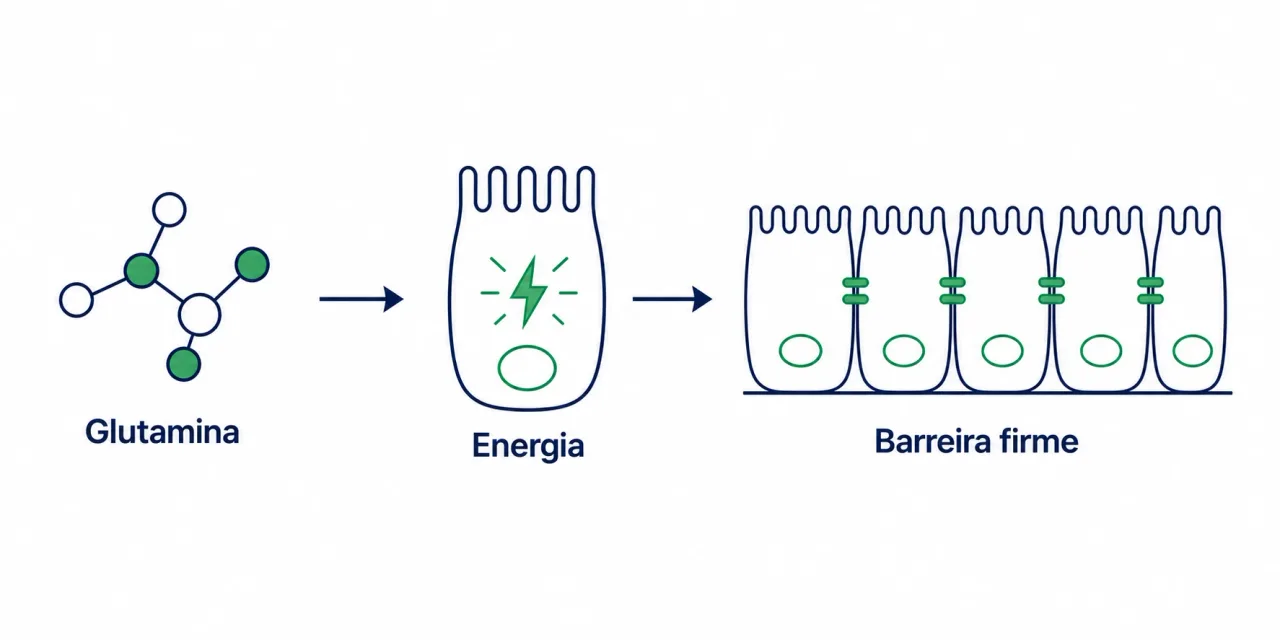 Infográfico mostrando como a glutamina vira energia para a célula do intestino, com setas indicando renovação celular e barreira firme