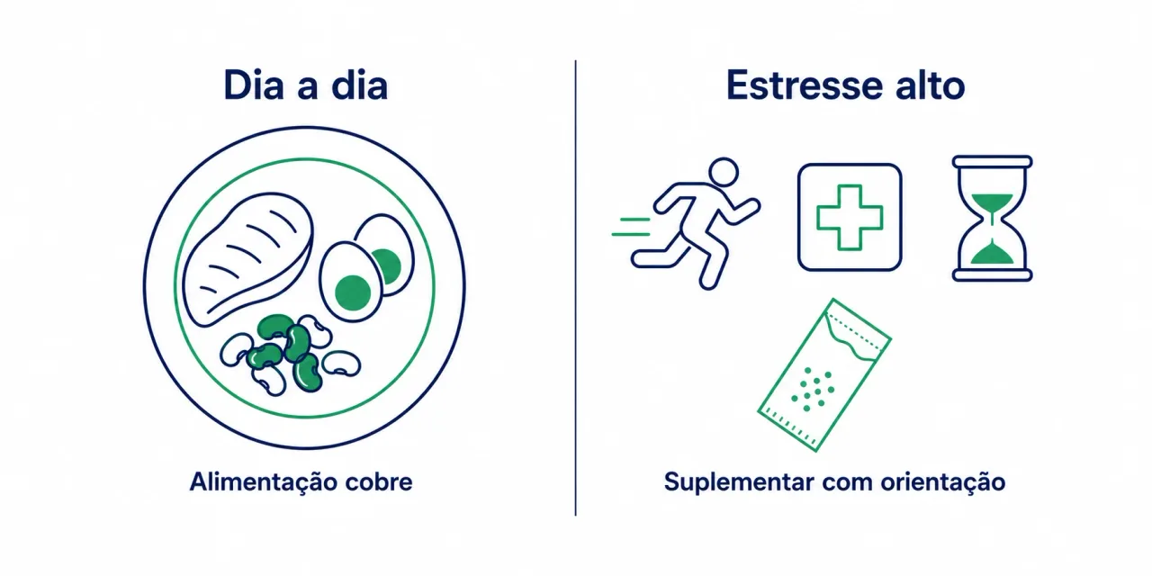 Infográfico comparando glutamina no dia a dia, coberta pela alimentação, e glutamina em estresse alto, quando pode fazer sentido suplementar com orientação