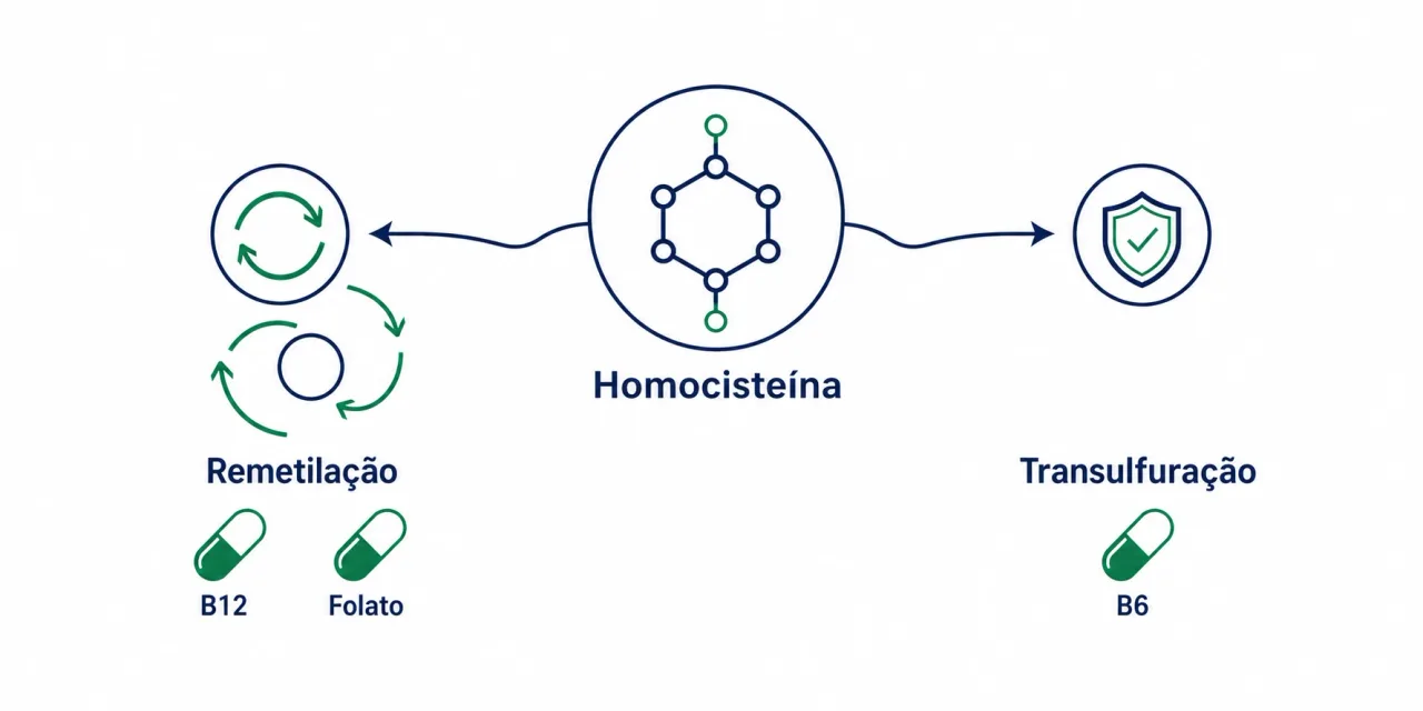 Infográfico mostrando os dois caminhos da homocisteína: remetilação, que depende de B12 e folato, e transulfuração, que depende de B6
