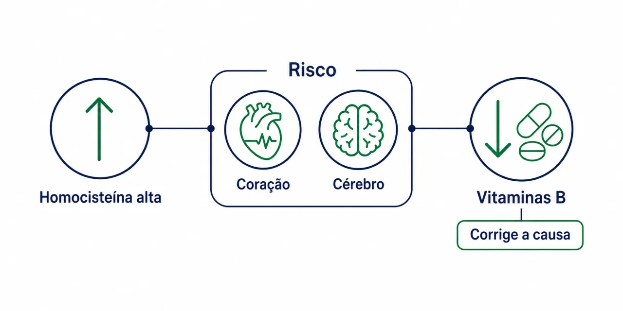 Infográfico mostrando que a homocisteína alta afeta o coração e o cérebro, e que corrigir as vitaminas B ajuda a baixar o marcador