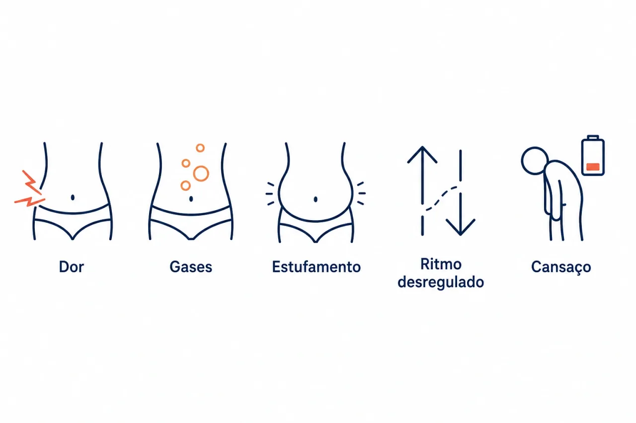 Infográfico com os sintomas comuns de inflamação intestinal: dor abdominal, gases, estufamento, ritmo desregulado e cansaço