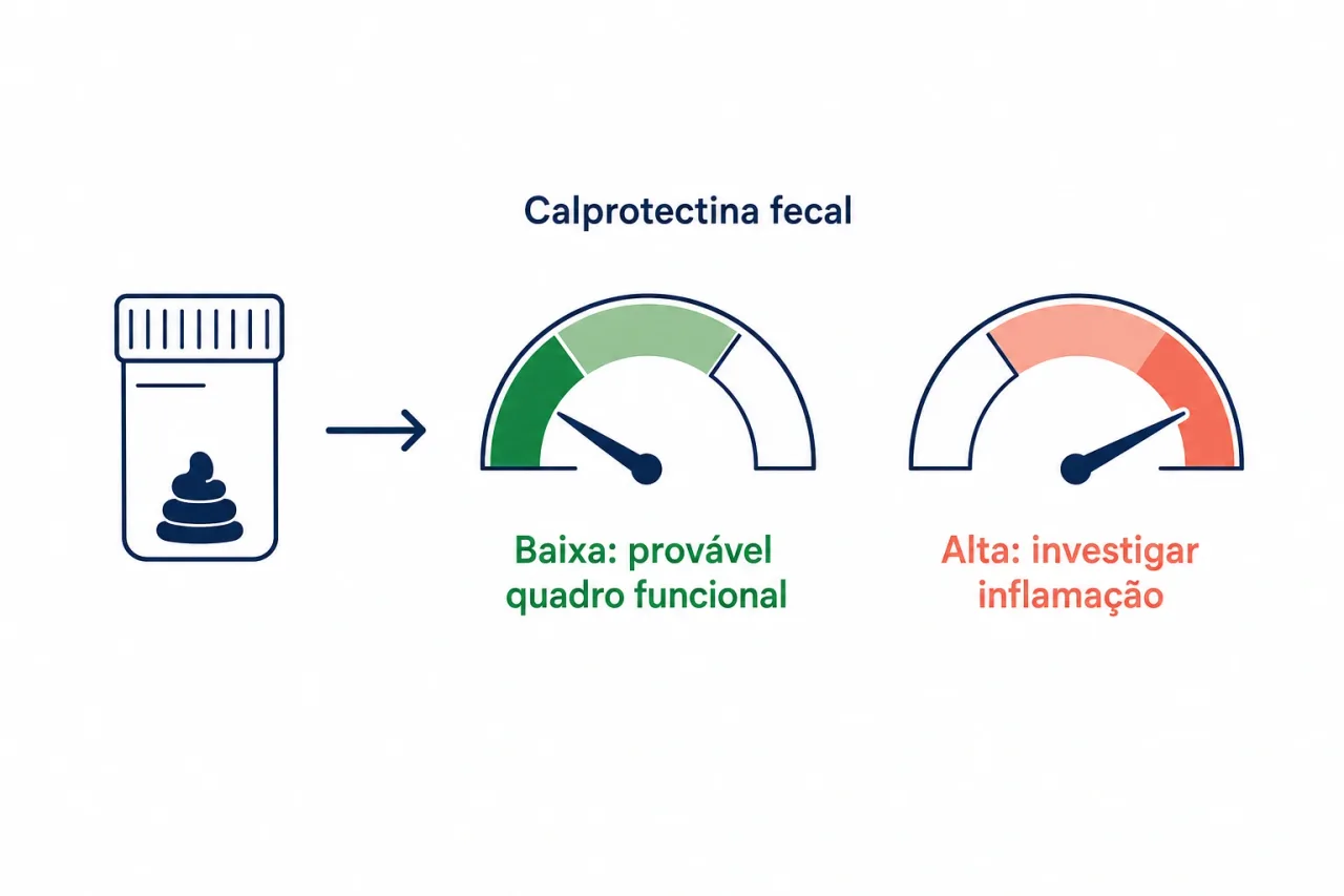 Infográfico explicando a calprotectina fecal: exame de fezes que mede inflamação na parede do intestino