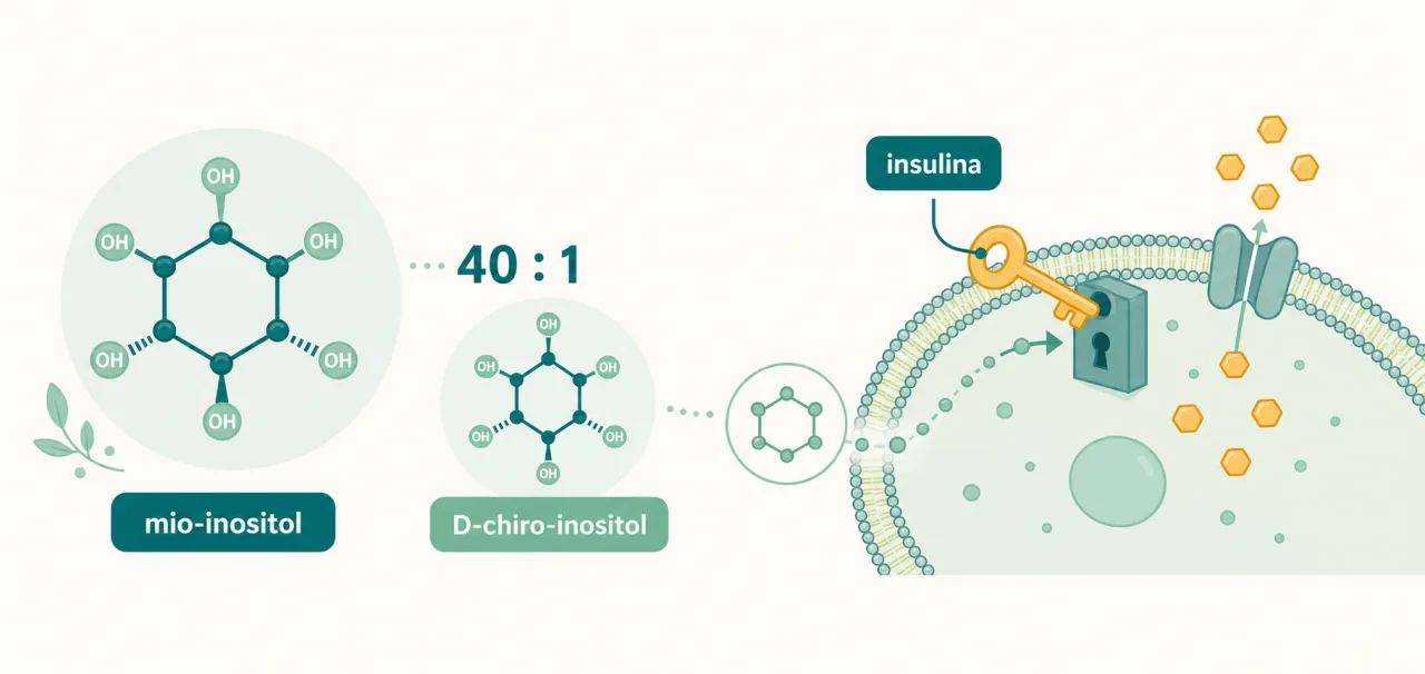 Infográfico mostrando o mio-inositol e o D-chiro-inositol na proporção fisiológica de 40 para 1 e como atuam na sinalização da insulina dentro da célula