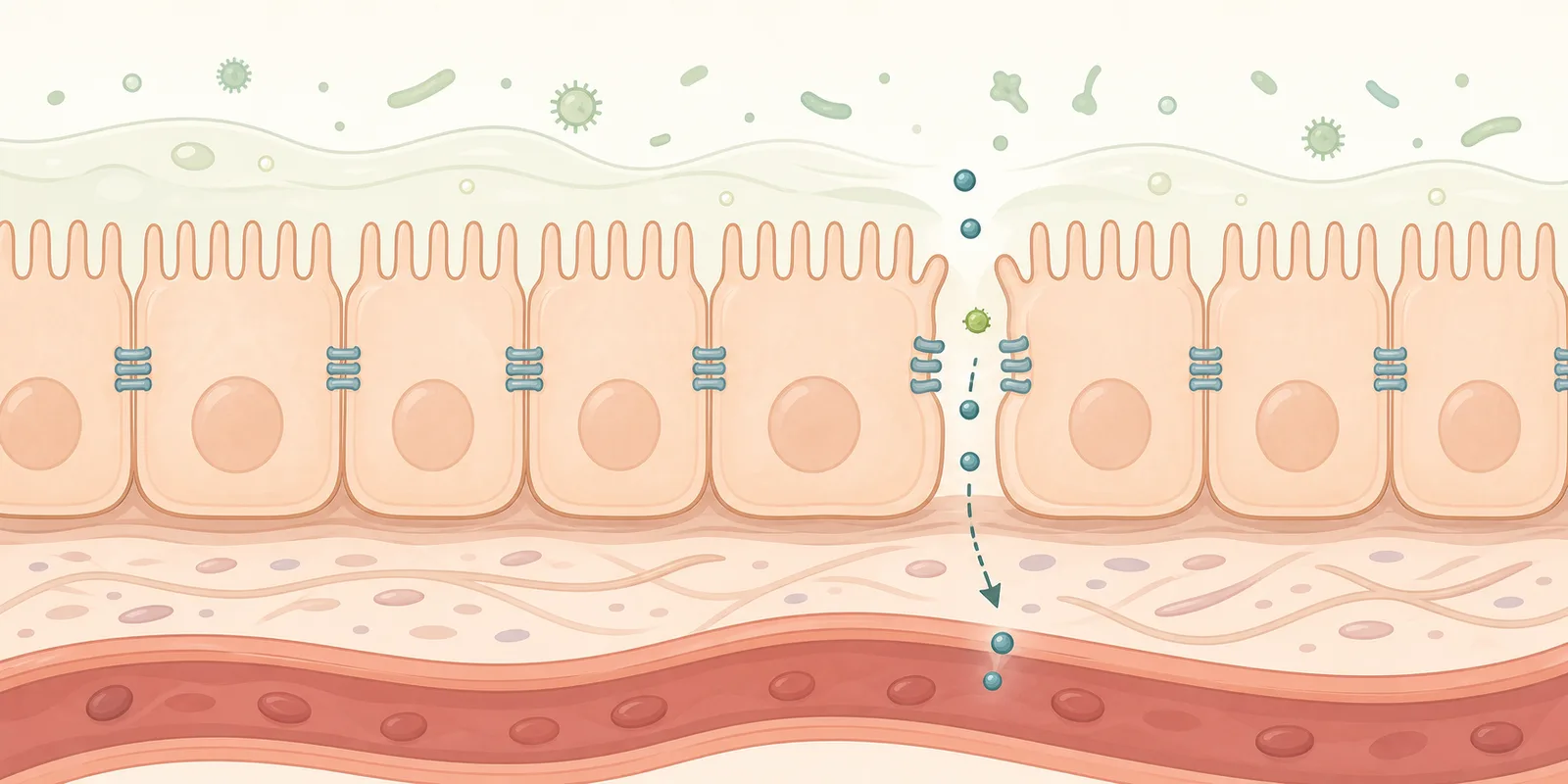 Ilustração da parede do intestino com as junções entre as células e uma pequena fresta se abrindo