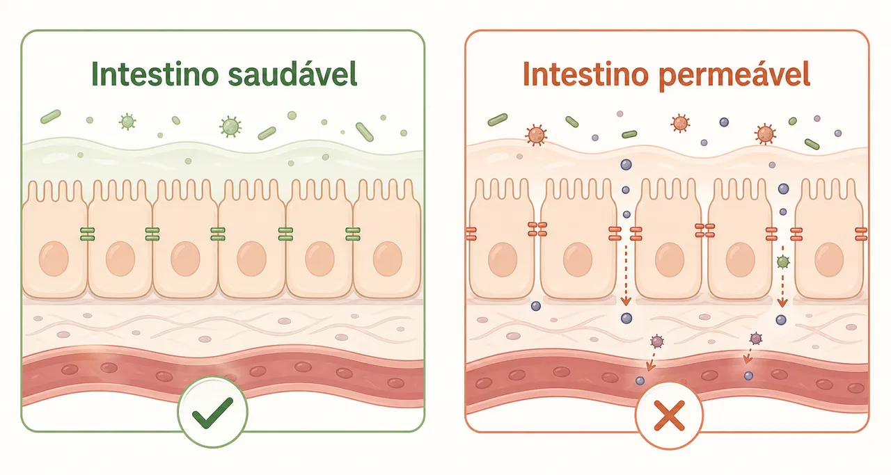 Infográfico comparando um intestino saudável, com as junções bem apertadas, e um intestino permeável, com frestas deixando passar partículas