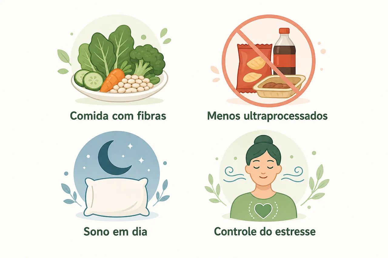 Ilustração com passos simples para cuidar do intestino: comida com fibras, menos ultraprocessados, sono e controle do estresse