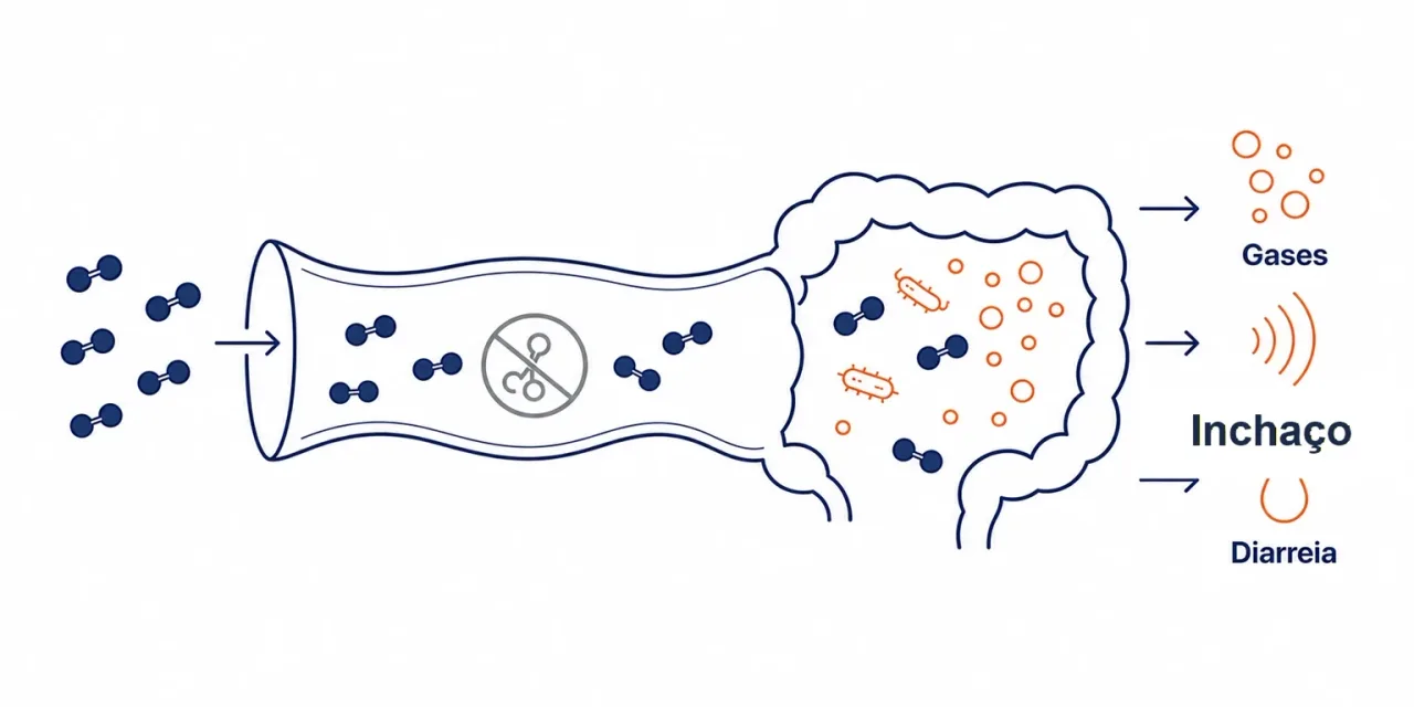 Infográfico mostrando a lactose não digerida fermentando no intestino e gerando gás, inchaço e diarreia